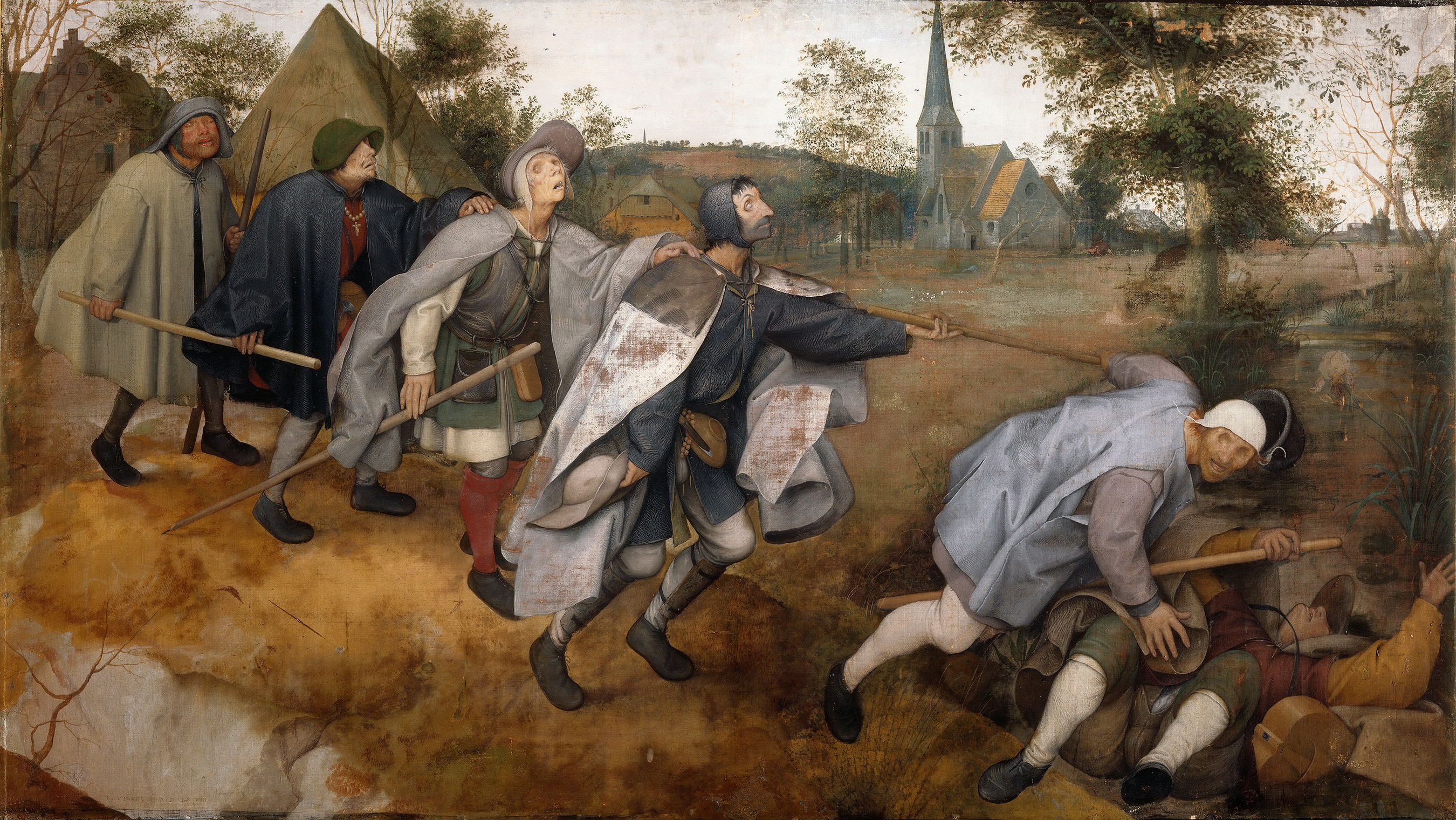 With a church steeple in the background, a row of apparently blind men are leading each other across the field.