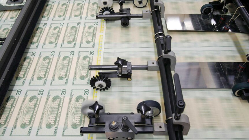 Twenty dollar bills printed at the US Treasury,