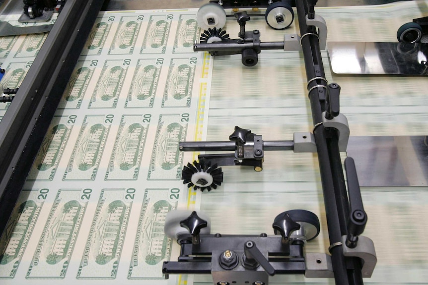 Twenty dollar bills printed at the US Treasury,