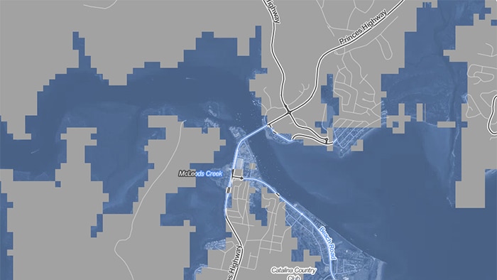 A map by Climate Central showing Batemans Bay after four degrees of global warming