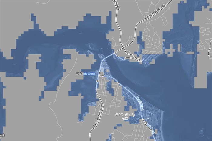 A map by Climate Central showing Batemans Bay after four degrees of global warming