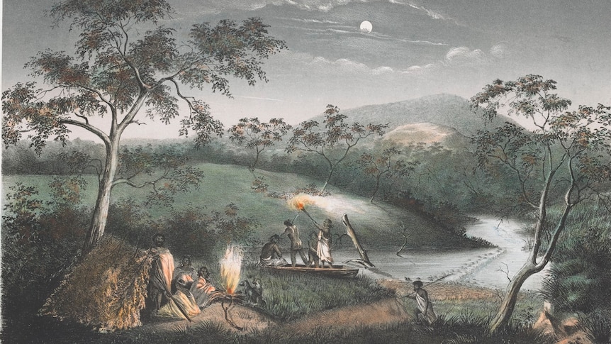 A colour painting of a river scene at dusk, with figures around a tent and campfire and others closer to the riverbed.