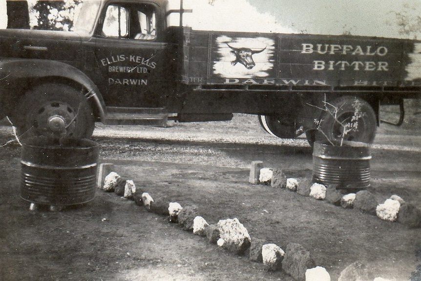 Old black-and-white photo of Ellis-Kells brewery truck.