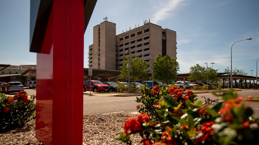 The Royal Darwin Hospital building seen from a distance,  on a sunny day, with a red flower bush in the foreground.