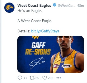 A now-deleted tweet by the West Coast Eagles claiming Andrew Gaff had re-signed.