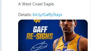 A now-deleted tweet by the West Coast Eagles claiming Andrew Gaff had re-signed.