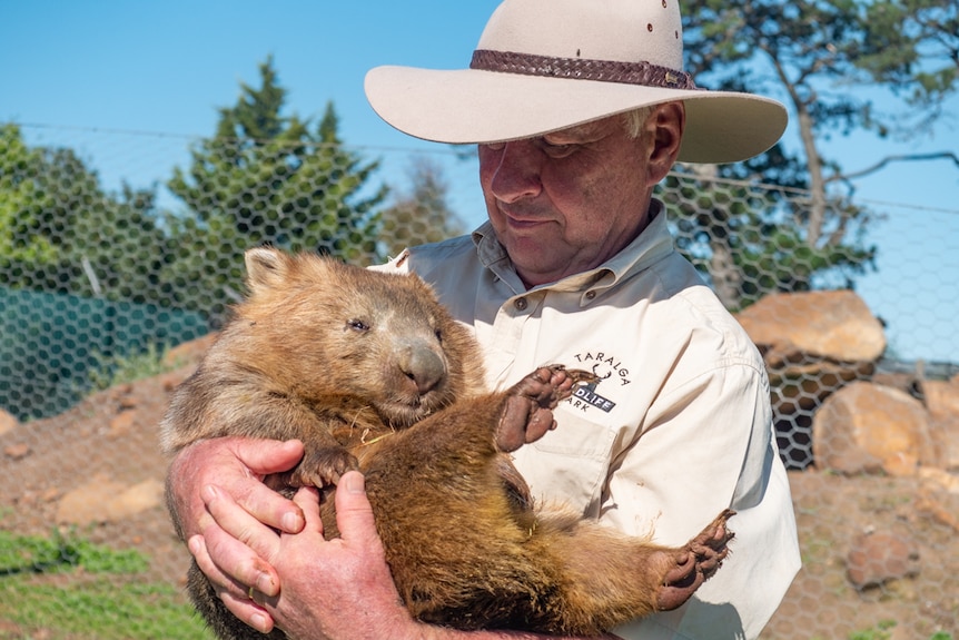 The zoo's owner, a man, holding a wombat