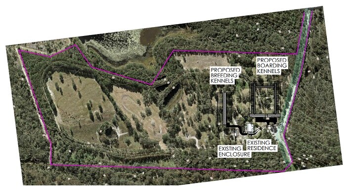 An aerial map of land where breeding and boarding kennels are proposed.