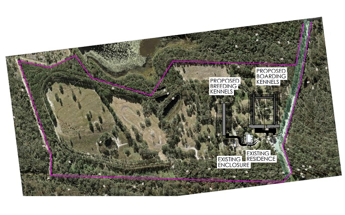 An aerial map of land where breeding and boarding kennels are proposed.
