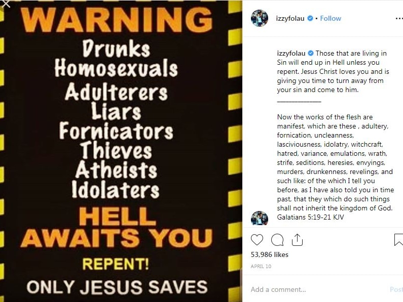 An isntagram post shows text warning groups of people that hell awaits them with comments running alongside