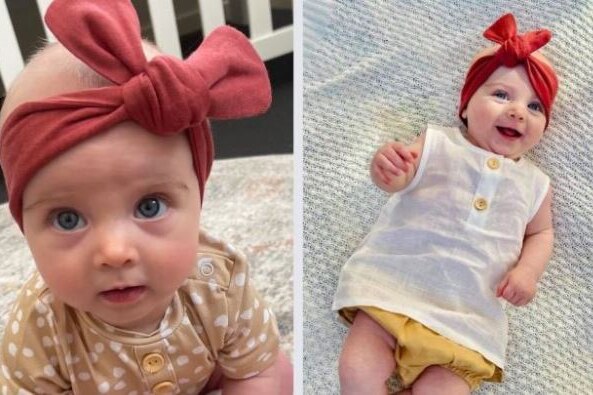 Two images of a baby girl with a red bow on her head and a cute dress