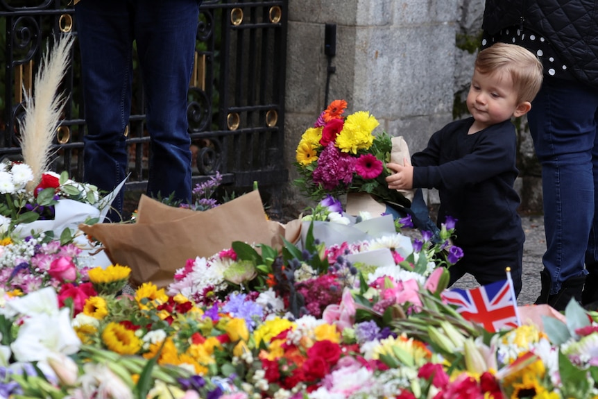A young blonde boy lays a bouquet of yellow and pink flowers atop a vast collection piled in front of an iron gate