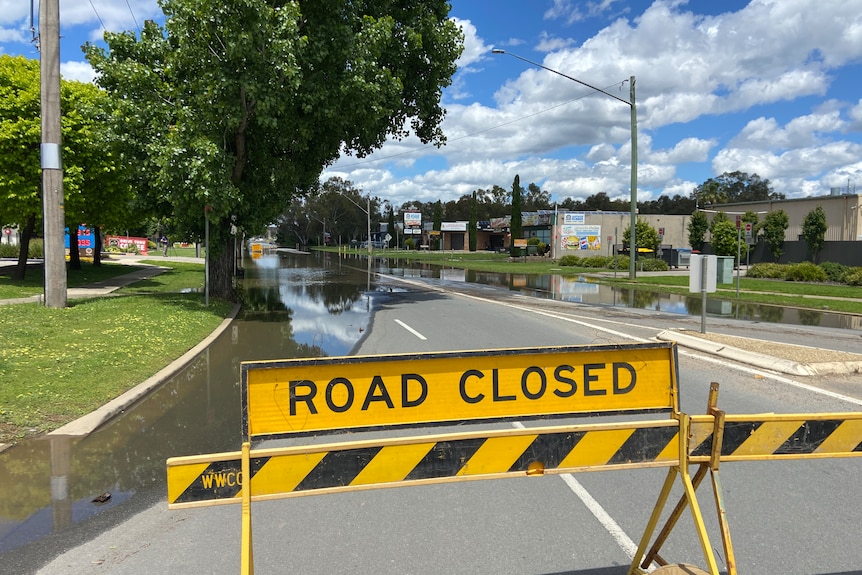 A road closed sign in front of a flooded road. 