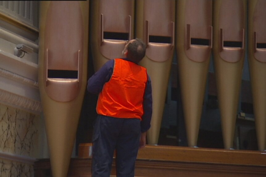 The larg pipes of Brisbane City Hall's pipe organ
