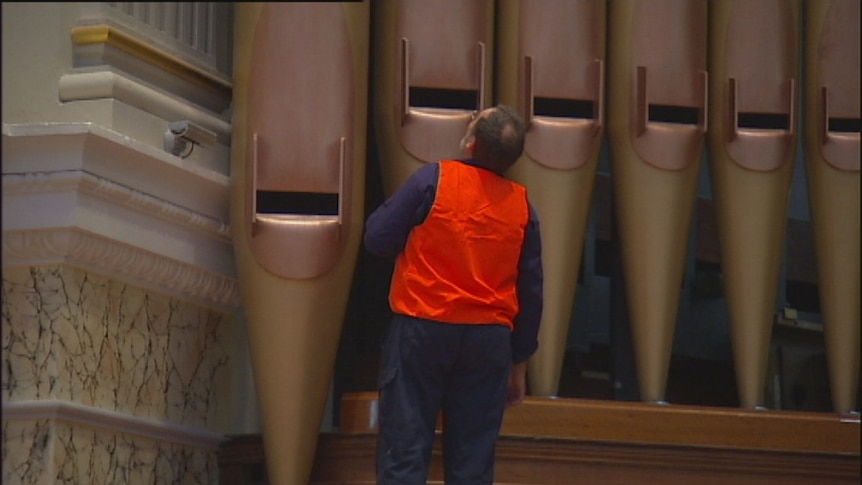 Organ builder Simon Pierce sizes up the pipes of the Father Henry Willis.