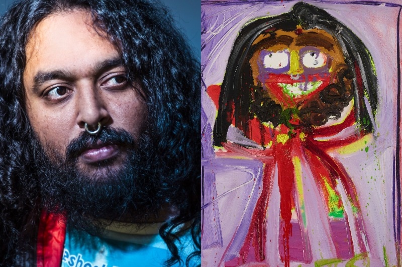 A composite of Ramesh Mario Nithiyendran and his Archibald entry, a self-portrait.