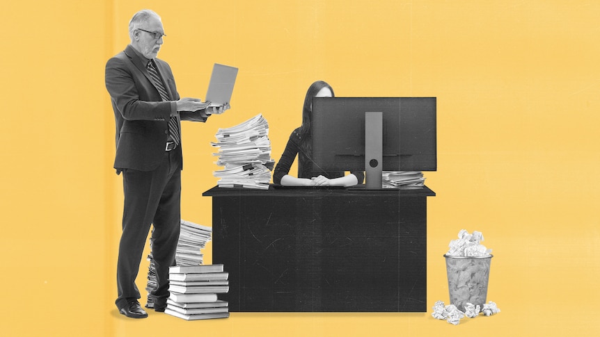 An illustration shows a man holding a laptop and a woman behind a computer screen, piles of paperwork surround them.