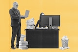 An illustration shows a man holding a laptop and a woman behind a computer screen, piles of paperwork surround them.