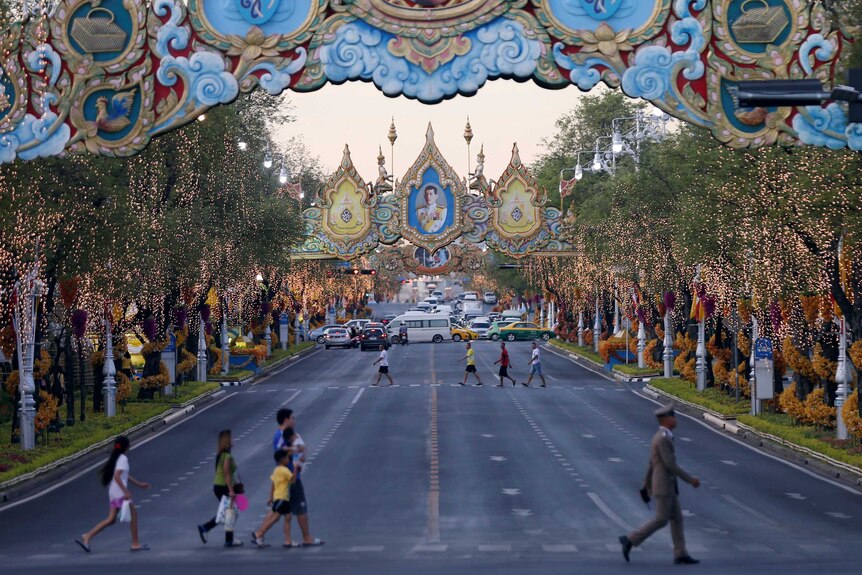 Trees decorated with lights are seen near Thailand's Grand Palace ahead of King Maha Vajiralongkorn's coronation.