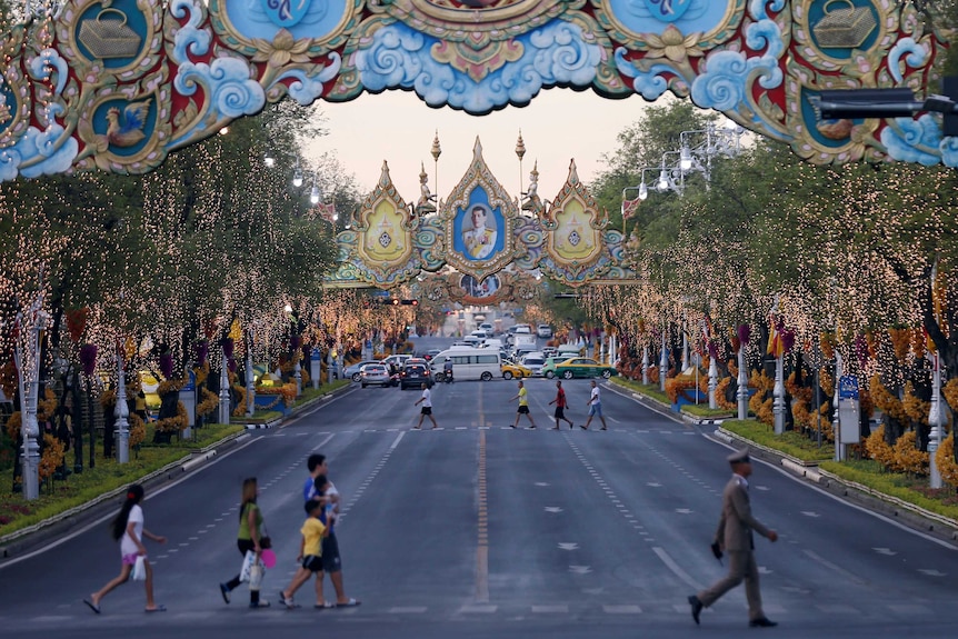 Trees decorated with lights are seen near Thailand's Grand Palace ahead of King Maha Vajiralongkorn's coronation.