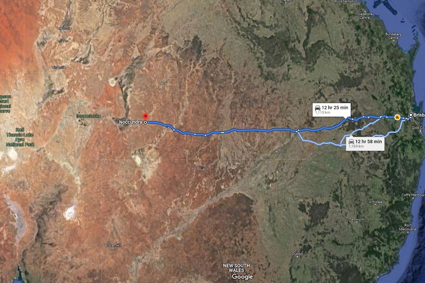 Map of Queensland show this distance from Brisbane to Noccundra