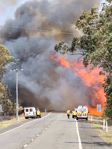 A bushfire burns next to a road lined with gum trees. A van and ambulance are in the foreground.