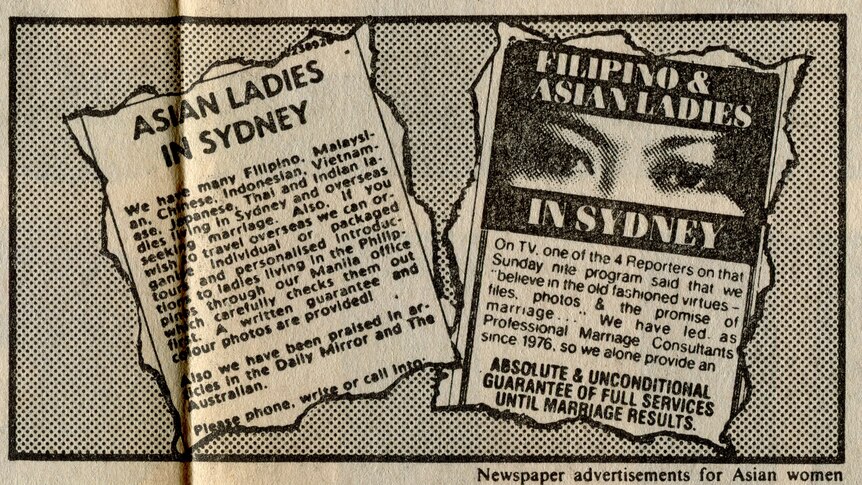You view two newspaper ad clippings with headlines reading 'Asian Ladies in Sydney' and 'Filipino and Asian ladies in Sydney'.