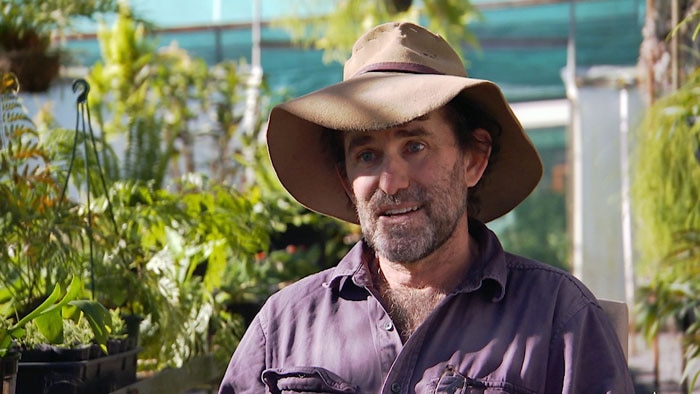 Man in hat sitting surrounded by plants in hanging baskets