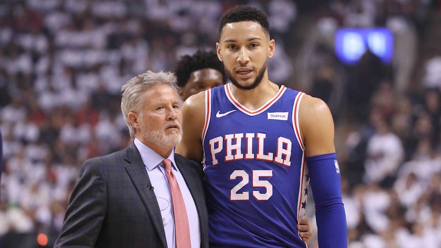 Philadelphia 76ers coach Brett Brown with Ben Simmons