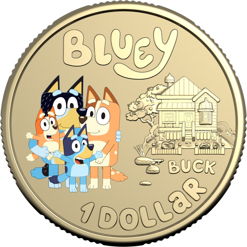 An Australian $1 coin featuring the Heeler family from Bluey in colour.