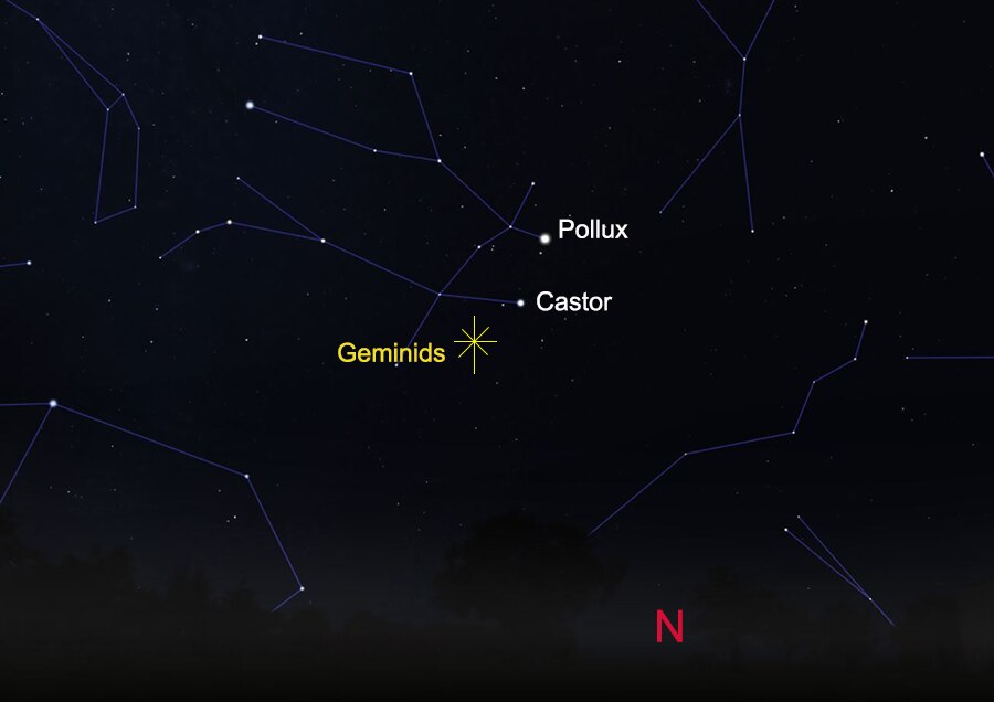 Skymap showing position of Geminids meteor shower Sydney 2023