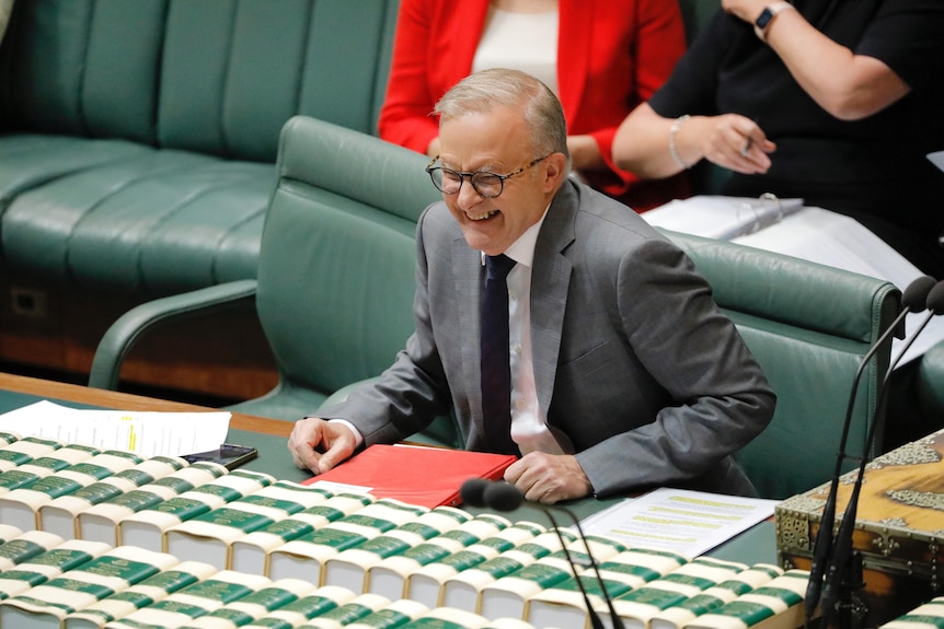 The Prime Minister sits in his seat in the house of representatives, giggling as he looks across the dispatch box.