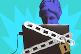 Illustration of woman looking at a laptop which is covered in a padlocked chain to depict the ethics of companies using big data