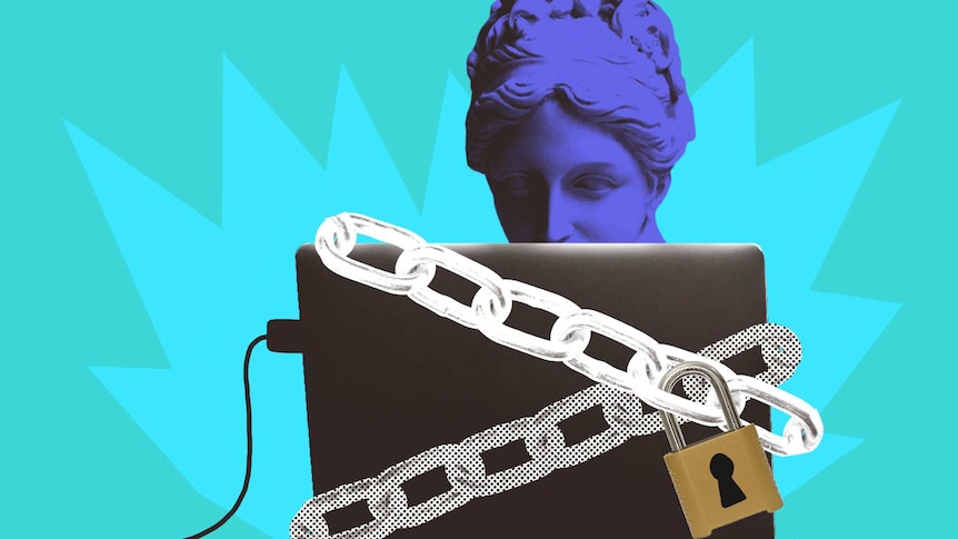 Illustration of woman looking at a laptop which is covered in a padlocked chain to depict the ethics of companies using big data