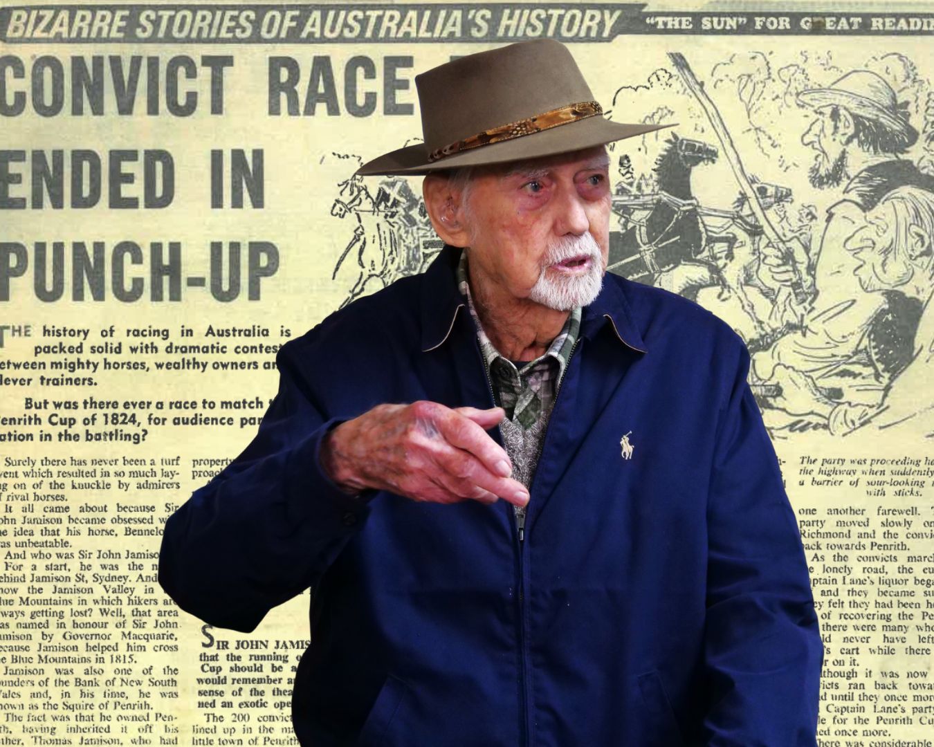 a man wiht a newspaper cartoon for a background