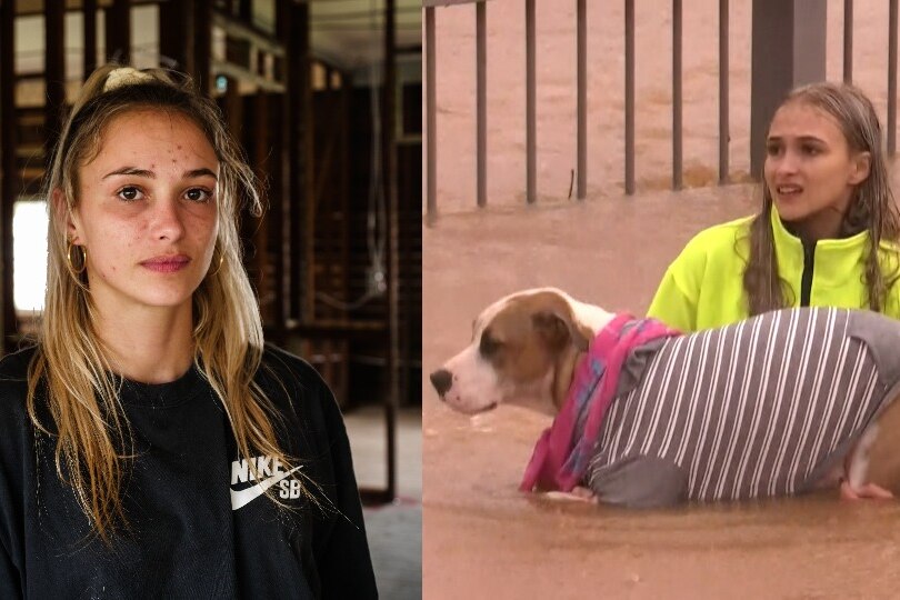Split image. Portrait of young blonde woman on left. Same woman carrying dog through floodwater on right.