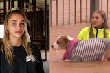 Split image. Portrait of young blonde woman on left. Same woman carrying dog through floodwater on right.