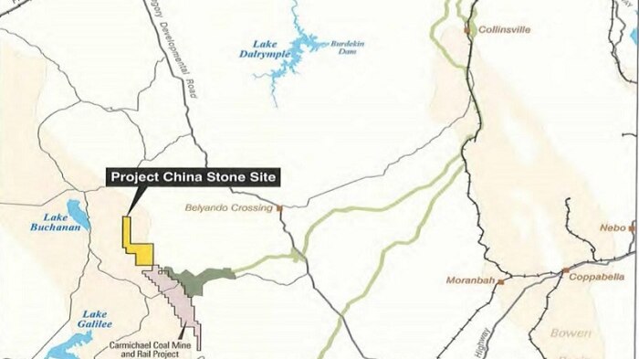Map showing the China Stone project site in relation to the Galilee Basin and the Adani mine.