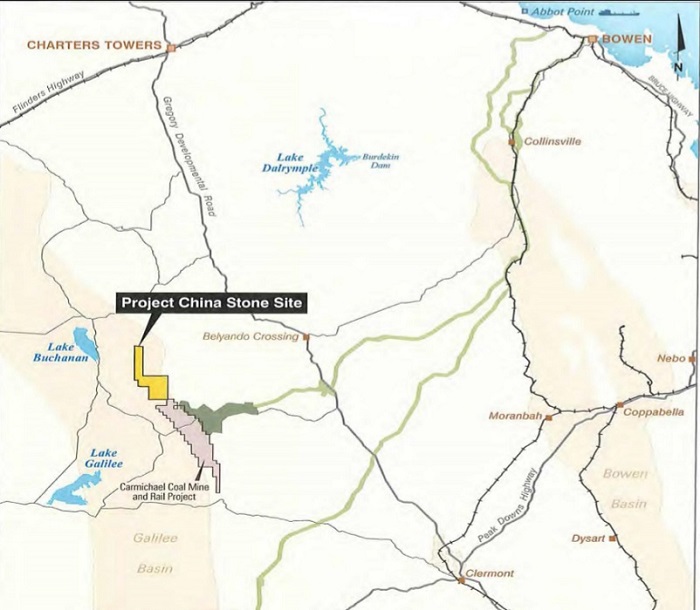 Map showing the China Stone project site in relation to the Galilee Basin and the Adani mine.