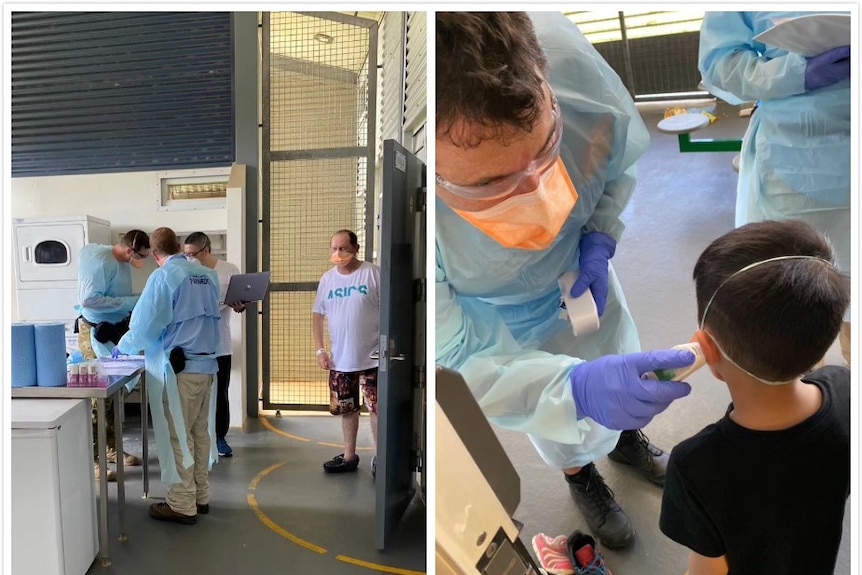 Medical staff wearing blue coats and purple gloves do a health check on a child