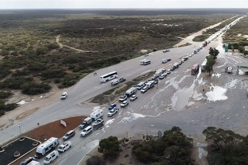 An overhead shot of a traffic jam on the Nullarbor.