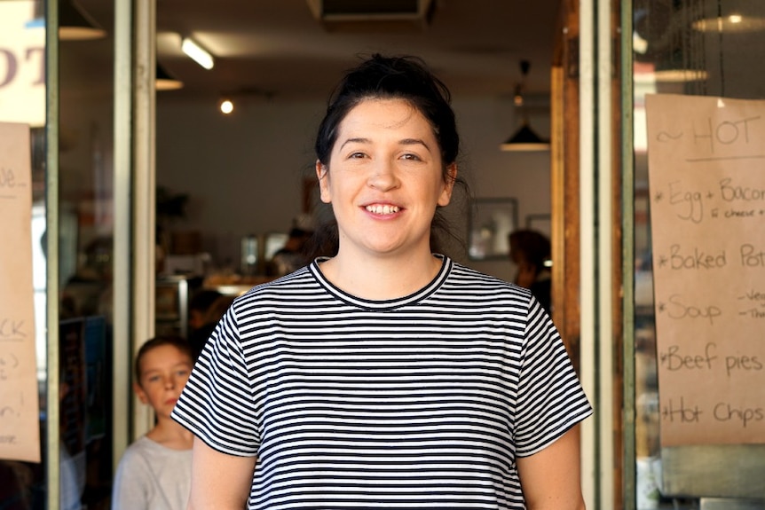 Jo McDonald standing outside the Casterton cafe she opened with her mum in April 2019.