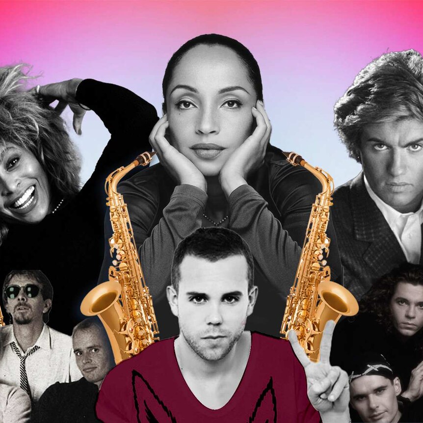 Photo montage of musicians who have featured saxophones in some of their biggest hits