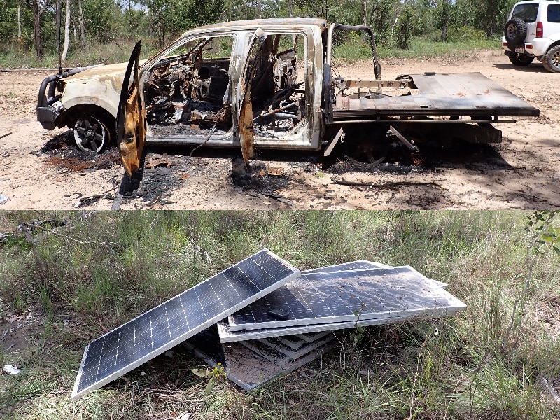 A split image showing a burnt-out car and discarded solar panels in bushland.
