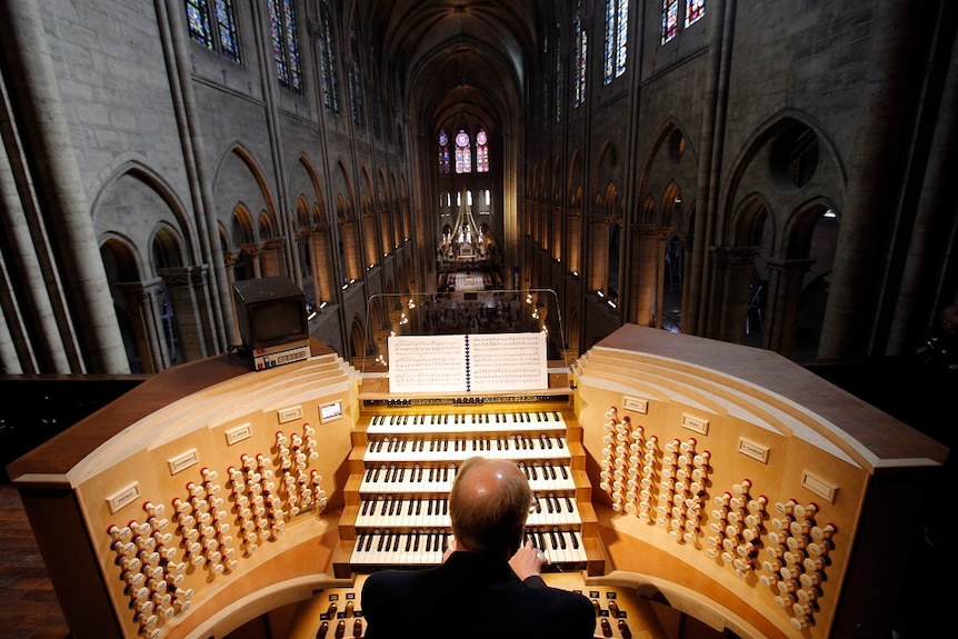 A man sits at a large organ in a large cathedral and plays from sheet music
