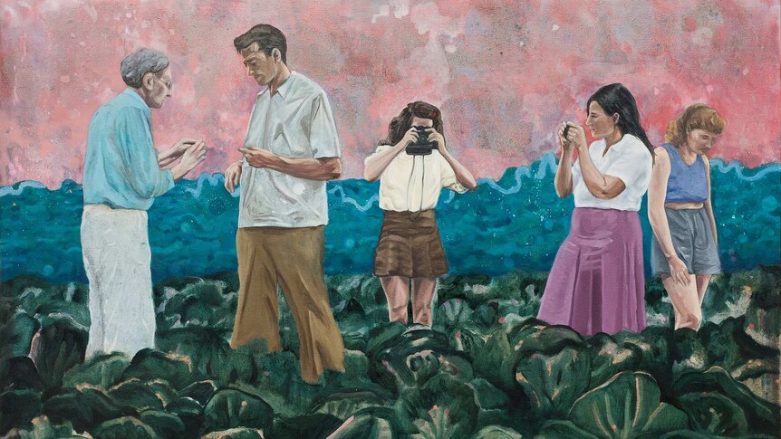 A painting of five figures standing in a field of cabbages, some photographing them.