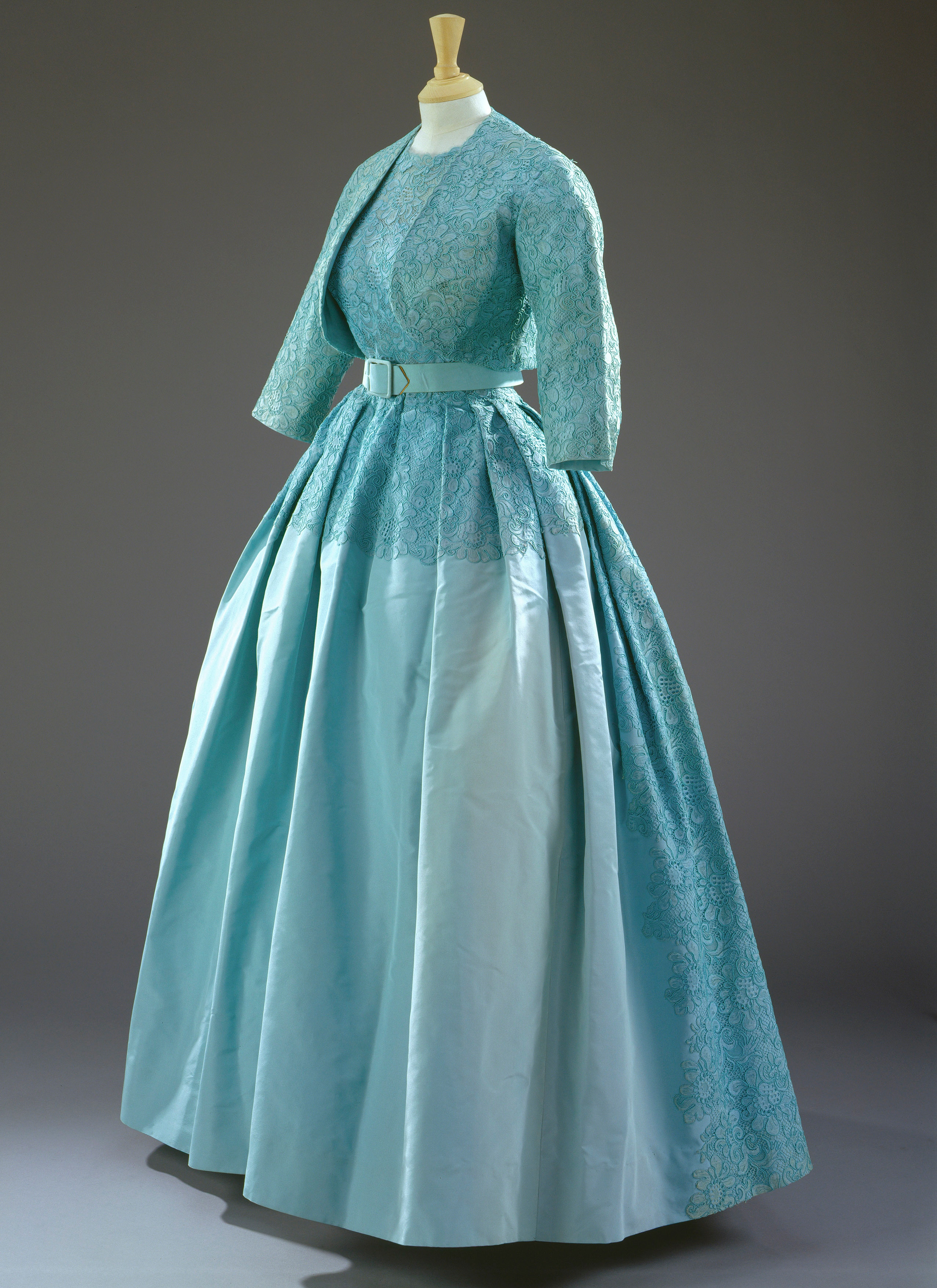 Aqua blue dress with a belt and bolero jacket