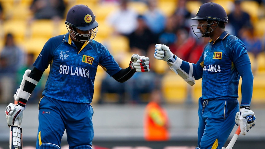 Lahiru Thirimanne (L) and Kumar Sangakkara in action for Sri Lanka against England in Wellington.