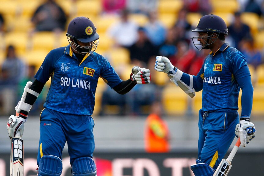 Lahiru Thirimanne and Kumar Sangakkara in action for Sri Lanka against England in Wellington