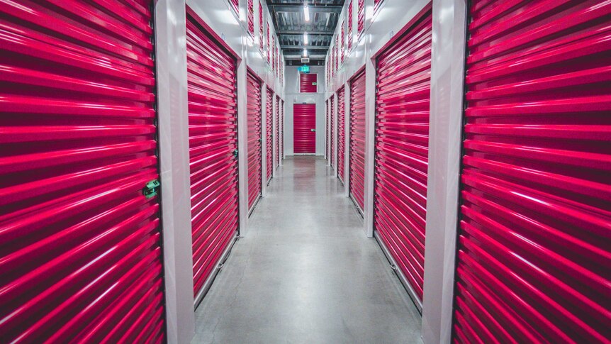 A line of pink lockers in a storage facility.